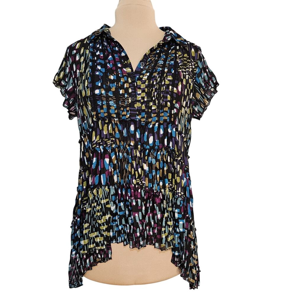 NY Collections Top Womens Colorful Ikat Large Ruffled Black‎ Lace Trim High Low